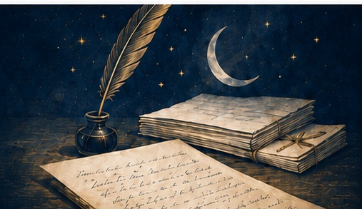 Plume, manuscrits et croissant de lune